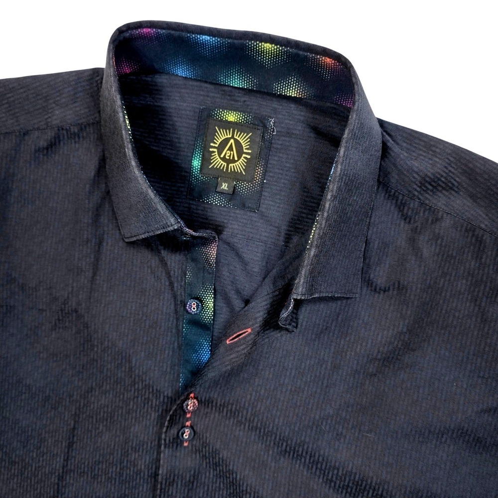 A21 Mens XL Black Textured Stripe‎ Button Down Shirt Rainbow Polka Dot Flip Cuff - Picture 8 of 8